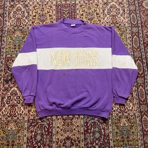 VTG 90s New York spell out cut and sew striped crewneck sweatshirt L USA‎ purple